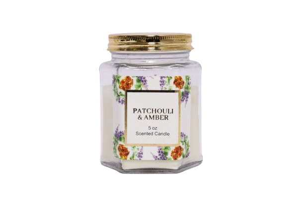 5 oz Patchouli & Amber Scented Candle in Hexagonal Glass Jar