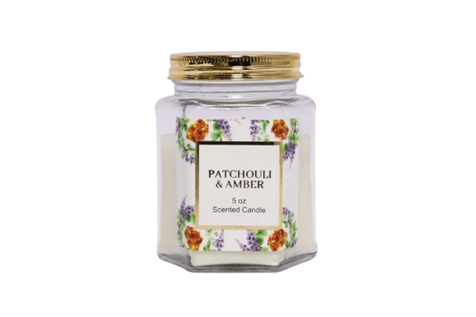 5 oz Patchouli & Amber Scented Candle in Hexagonal Glass Jar