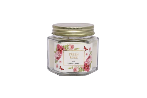 3 OZ FRESH ROSE  HEXAGONAL GLASS JAR CANDLE