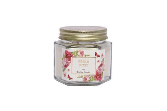 3 OZ FRESH ROSE  HEXAGONAL GLASS JAR CANDLE