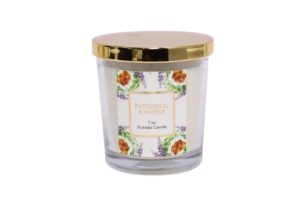7 oz Patchouli & Amber Scented Candle in Glass Jar with Gold Lid