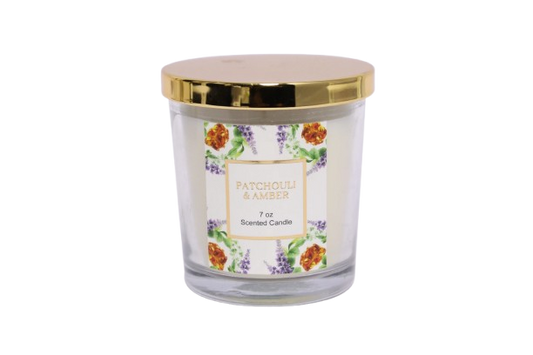 7 oz Patchouli & Amber Scented Candle in Glass Jar with Gold Lid