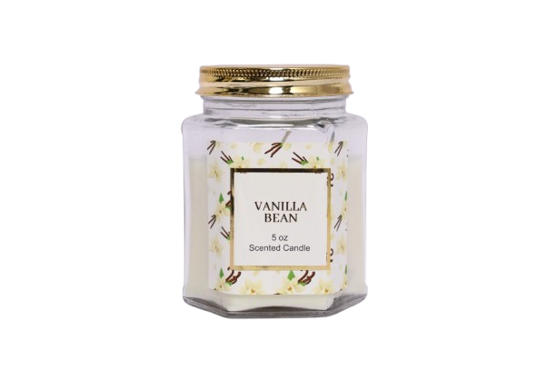 5 oz Vanilla Bean Scented Candle in Hexagonal Clear Glass Jar