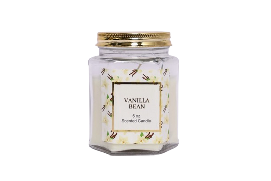 5 oz Vanilla Bean Scented Candle in Hexagonal Clear Glass Jar