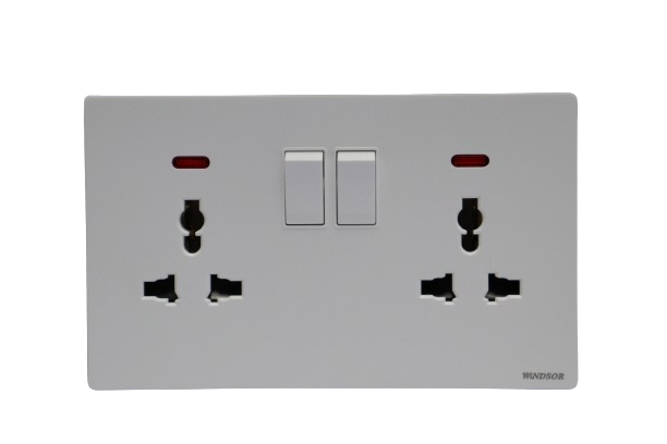 Windsor L&L Range Brushed White 13A 2 Gang Universal Socket with Neon Indicator - L48MW