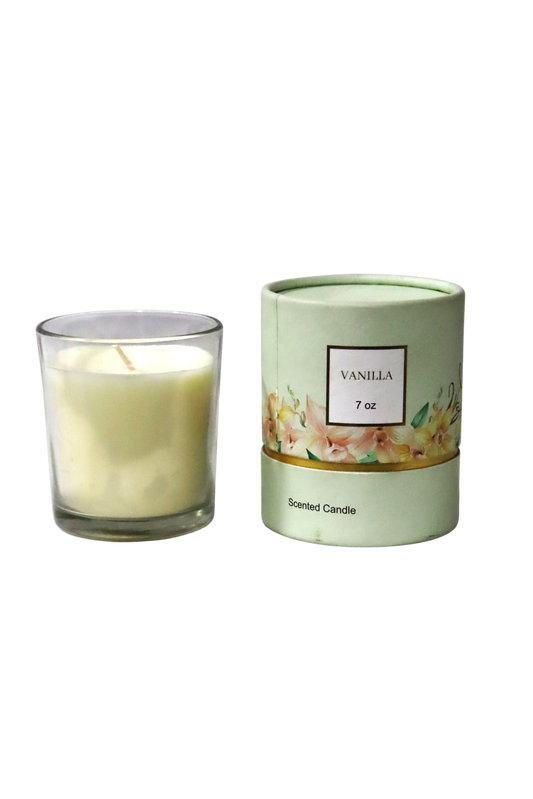 7 OZ VANILLA GLASS CANDLE IN A GREEN BOX